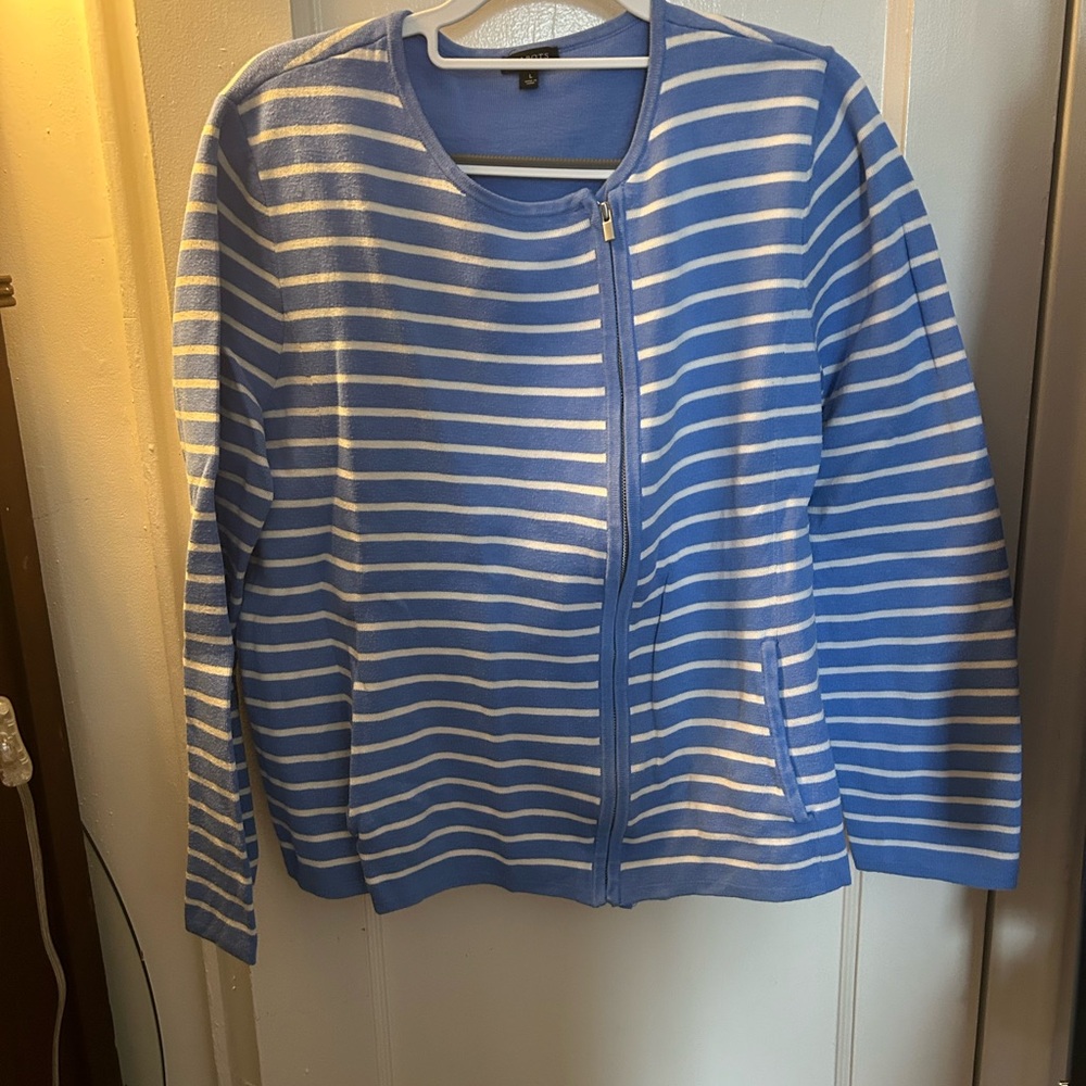 Talbots Light Blue and White Striped Zip Cardigan